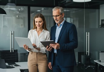 Focused business professionals a man and woman collaborate using a laptop and tablet in a modern office setting