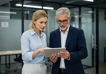 Focused businesswoman and businessman collaborating on a tablet in a modern office environment discussing project details