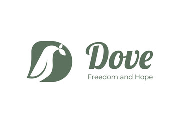 Elegant dove bird logo icons with D letter and leaf, symbolizing peace, freedom, and hope, ideal for wellness, environment, charity, or eco-friendly brand identity