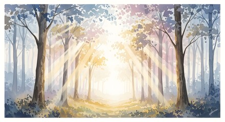 Watercolor Forest Sunlight Pathway Serene Nature Landscape