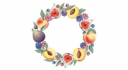Happy summer text set vector icon with fruity summer wreath including figs, peaches, and berries