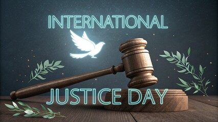 International justice day with gavel dove and olive branches on dark background