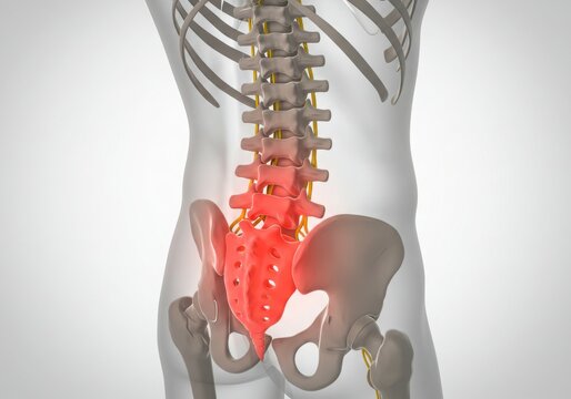 Human lumbar spine and pelvis with sciatic nerve highlighted in red