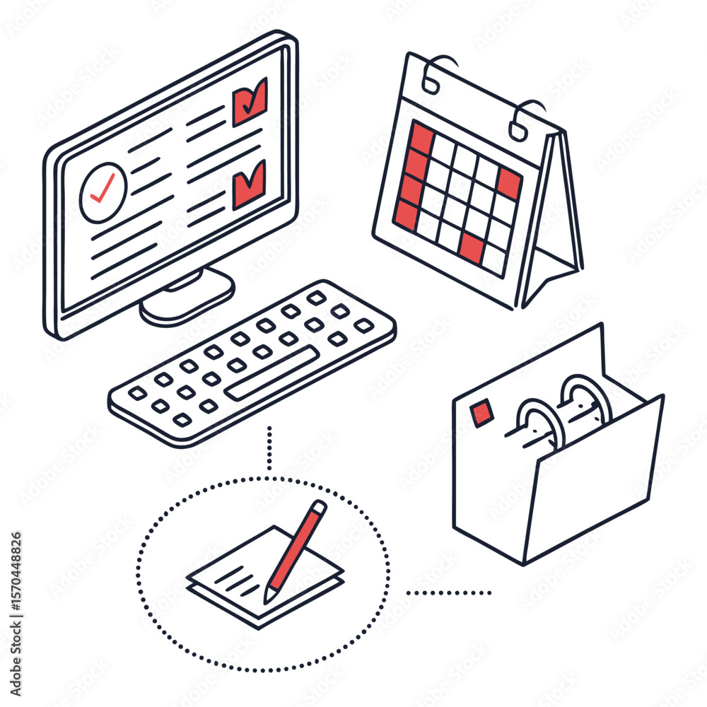 Aufkleber isometric illustration of computer calendar keyboard notepad and file cabinet on white background