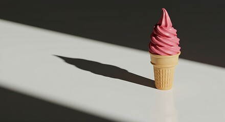 raspberry and lemonade soft-serve cone, casting a dramatic long shadow across a clean mirror table, with strong directional lighting.