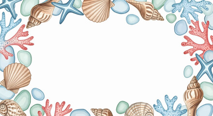 Happy summer text set vector icon with border of sea shells, coral, and ocean bubbles