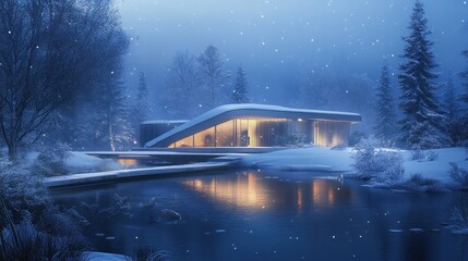 Modern home in snowy forest