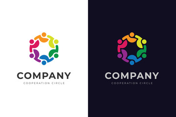 Multicolor teamwork circle logo with abstract people figures forming unity symbol, suitable for community, people group, charity, diversity, and social business branding