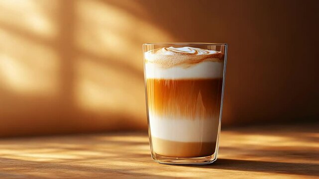 A warm glass of latte showcasing rich textures and soft lighting.