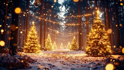 Fototapeta premium Decorated Trees in Snowy Forest with Lights Winter Scene