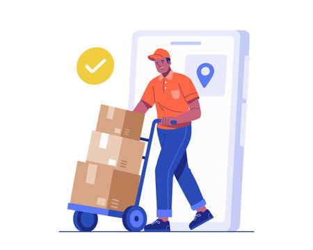 Fototapeta Illustration of a delivery man pushing a trolley full of boxes, stepping out from a giant smartphone interface. Concept of parcel delivery and smart logistics service
