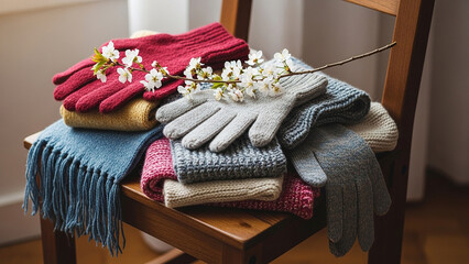 Cozy knitted winter accessories including gloves scarves and hats elegantly arranged on a wooden chair