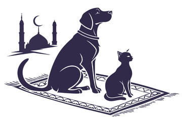 Dog or Cat Sitting Peacefully on Prayer Mat Silhouette � Spiritual Islamic-Inspired Pet Pose for Ramadan Decor, Eid Gifts & Wall Art