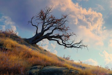 old dying tree on the hill by generative ai