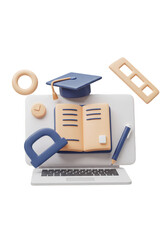 3D Educational Laptop with Graduation Cap and Book for Online Learning