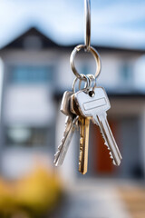 Keys to a new house with blurred home background