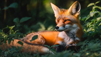 Fototapeta premium Red fox resting in dappled sunlight amidst lush green foliage.