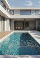 A modern house with a swimming pool and large windows on a sunny day in a residential area