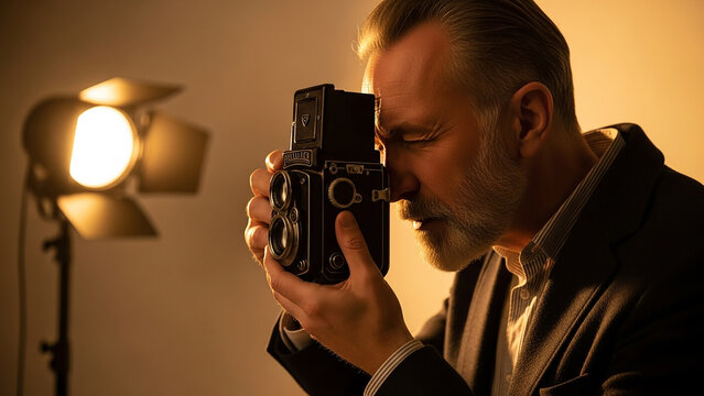 Mature Photographer Focusing Through Vintage Twin Lens Reflex Camera with Soft Studio Lighting