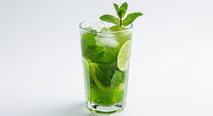 Fototapeta premium Refreshing green mojito cocktail with mint and lime on a white background