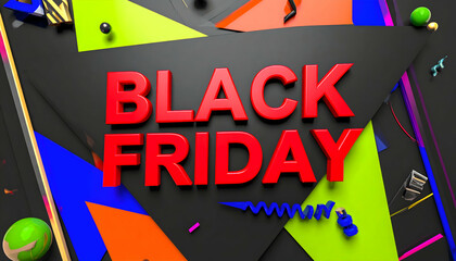 Black Friday bursts to life with vibrant colors and playful shapes in a modern 3D rendered graphic