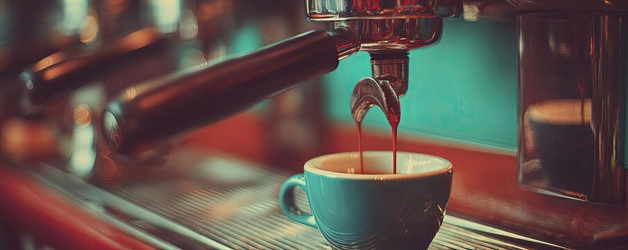 Signature brew meets early espresso and mindful coffee concept. Close-up of espresso machine brewing coffee into a blue cup.
