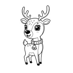 A friendly cartoon reindeer with tall antlers and big eyes stands cheerfully, wearing a jingle bell collar in a simple, festive illustration.