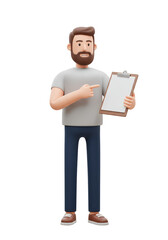 3d Man Pointing Clipboard Paper Cartoon Character Illustration