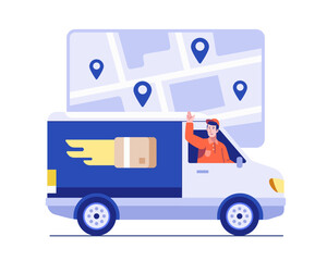 A friendly delivery driver waves from a van while navigating a digital map interface with location pins. Illustration concept of express logistics, courier tracking, and package delivery service