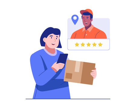 A happy woman gives a five-star review to a courier after receiving a parcel, showing appreciation for great service. Illustration concept of customer satisfaction, delivery review, and feedback