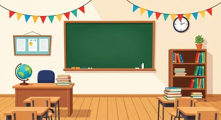 Empty Classroom with Colorful Flags Green Chalkboard and Wooden Furniture in Bright Learning Environment