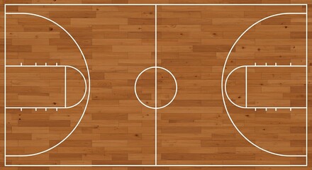 Indoor Basketball Court Hardwood Floor with White Markings Top View