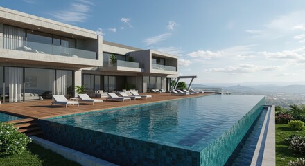 Fototapeta premium Modern villa with infinity pool and deck chairs overlooking a valley on a sunny day with blue sky