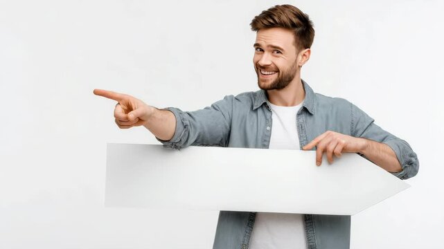 Smiling man pointing with blank arrow sign for message