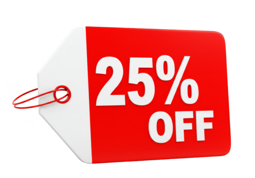 3D Render of 25 Percent Off Red Tag Transparent Background
