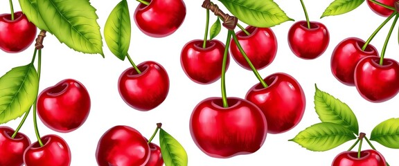 Set of hand-drawn cherry vectors, isolated on white  Summer fruit illustration,  design element,  vibrant