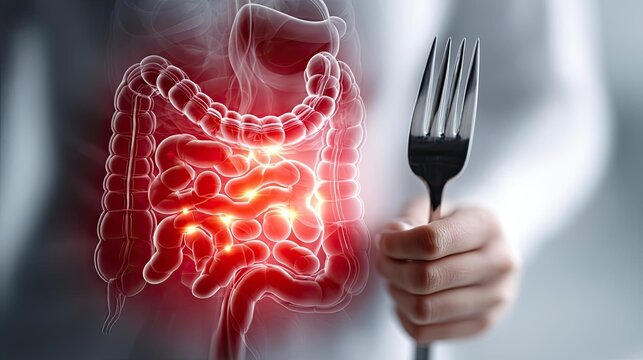 Intestinal cramps due to undercooked meat and bad digestion concept. Visual representation of the digestive system with a fork.