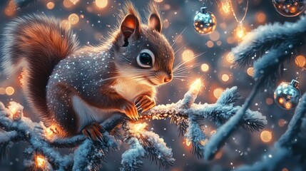 A squirrel perched on a frosty Christmas tree branch, surrounded by ornate New Year's decorations, including silver baubles and bright, glowing stars.
