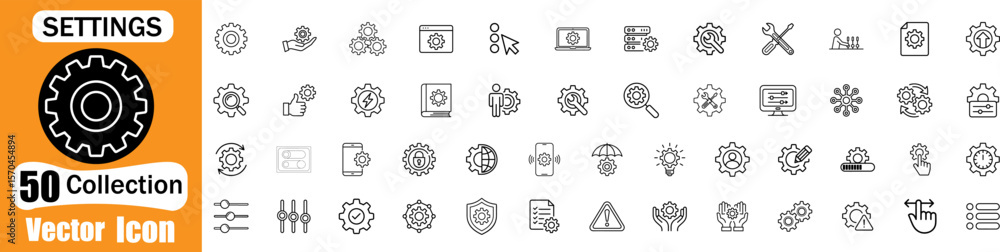 Fototapete Collection of 50 vector icons representing settings and configurations in a clean outline style