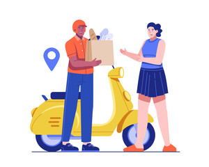 Illustration of a male courier standing beside his motorbike, handing a paper bag of groceries to a woman customer. Food delivery service concept