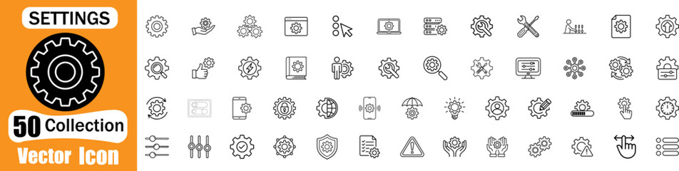 Collection of 50 vector icons representing settings and configurations in a clean outline style