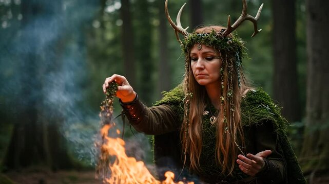 Mystical woman in fantasy druid costume with antlers performing ritual by campfire in forest