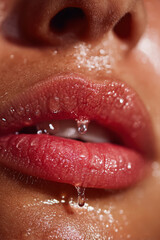 Close-up of wet lips and skin with water drops on woman face. Concept of freshness, sensuality, skin care, and beauty