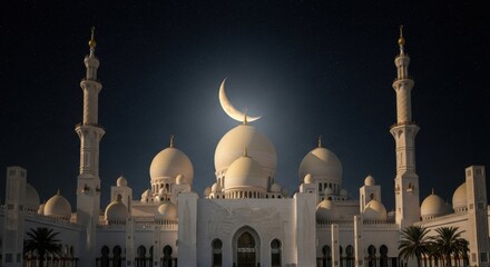 Grand Mosque Under a Starry Night Sky With Crescent Moon