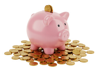 3D Rendering Pink Piggy Bank on Golden Coins Savings Concept
