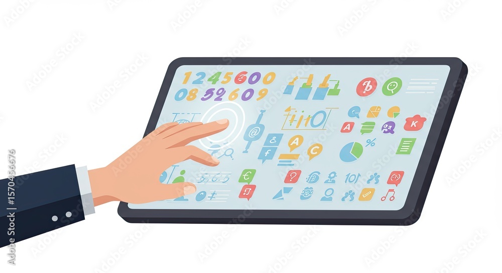 Poster hand touching digital tablet with various application icons displayed