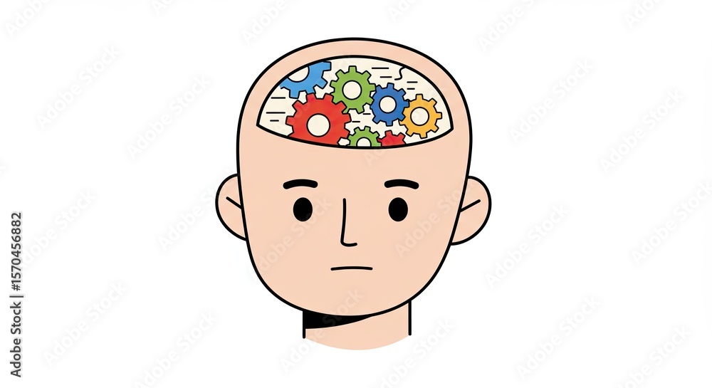 Poster head with gears inside representing thought process and mental activity