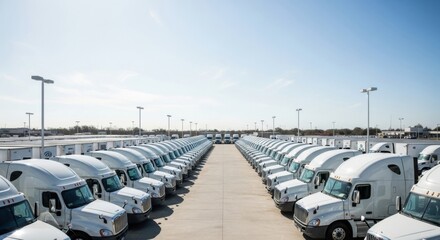Expansive Lot Filled With Rows of White Semi Trucks Under a Clear Blue Sky