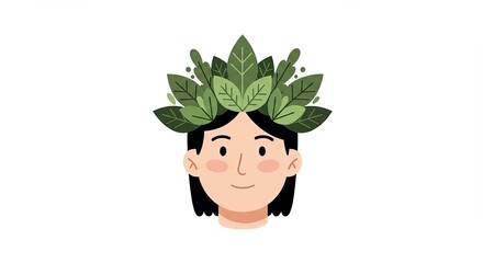 Illustration of a young woman with leaves wreath celebrating nature beauty