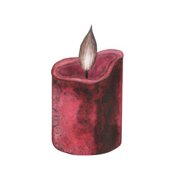 Witch's magical red wax candle with dark flame isolated on white background. Watercolor hand drawn dark fantasy sketch illustration. Art design mystical halloween witch decoration greeting card